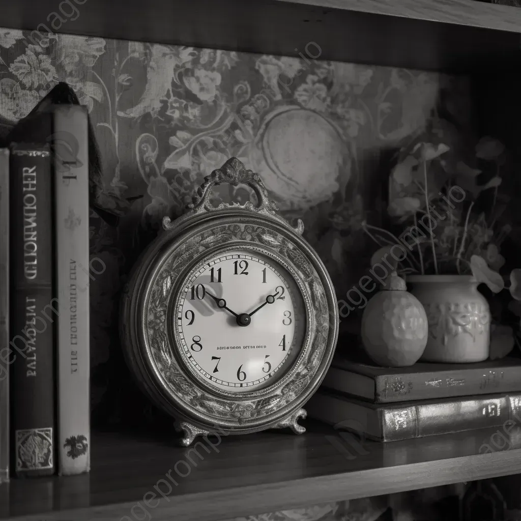 Black and white vintage clock on dusty bookshelf - Image 1