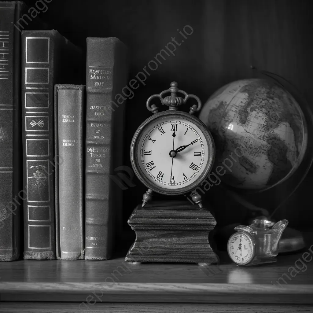 Black and white vintage clock on dusty bookshelf - Image 2