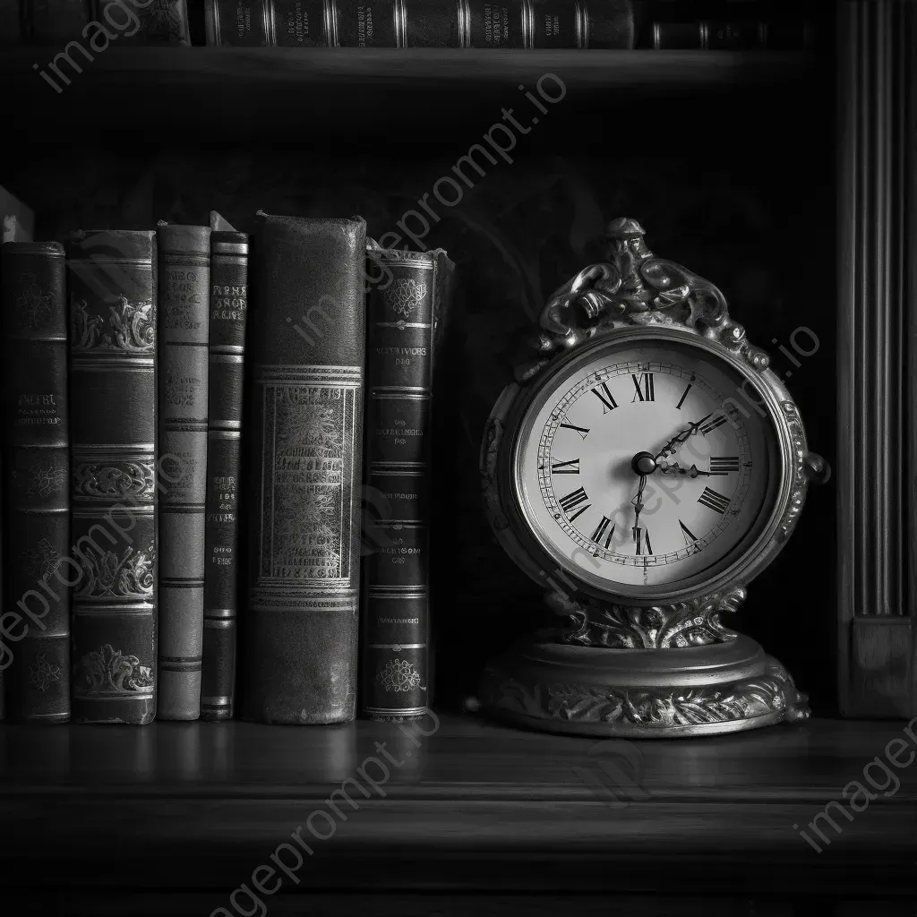 Black and white vintage clock on dusty bookshelf - Image 3