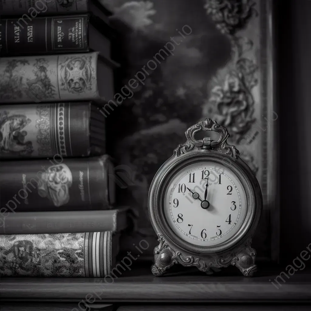 Black and white vintage clock on dusty bookshelf - Image 4