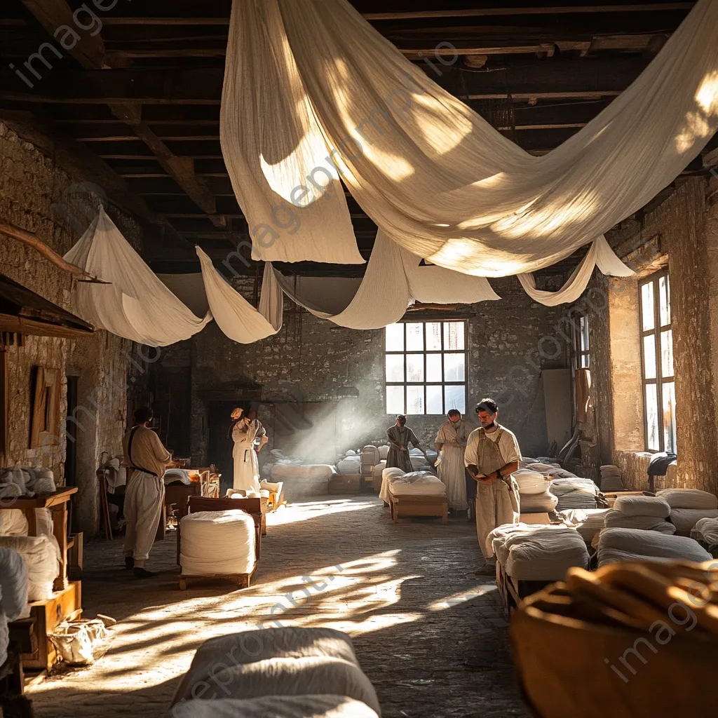 Artisans working in a lively linen production workshop. - Image 3