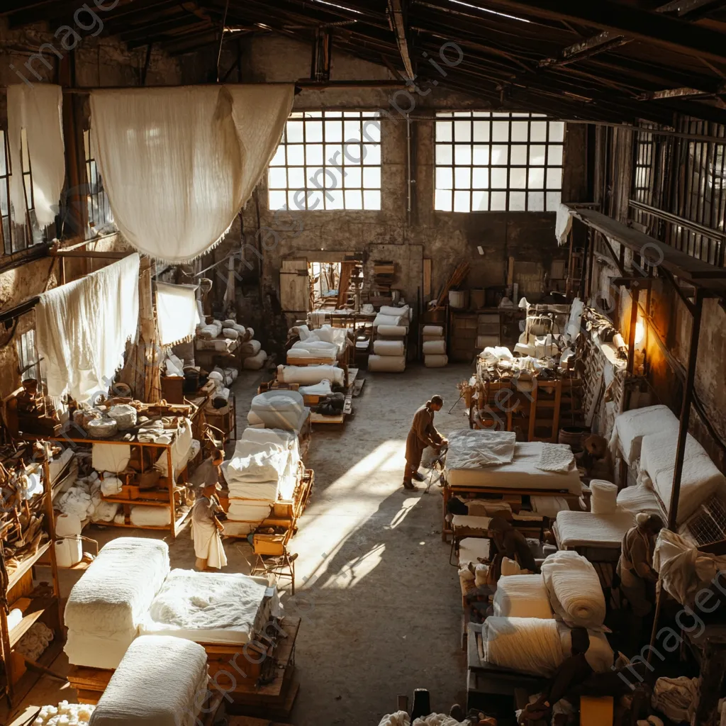 Artisans working in a lively linen production workshop. - Image 4