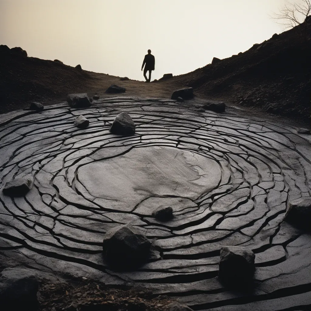 A figure pushing a boulder uphill in a cycle of futility and effort symbolizing the Absurd in a philosophical image. - Image 1