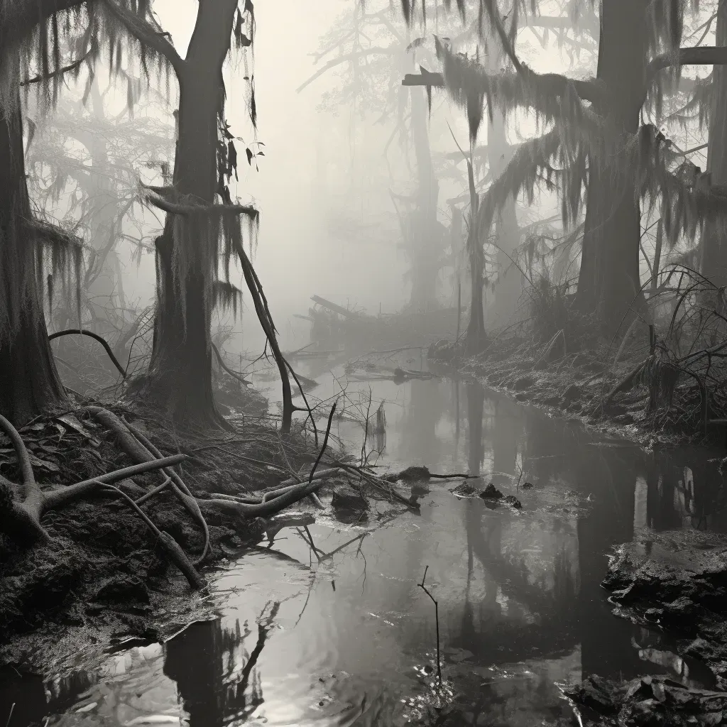 Misty swamp with twisted trees and lurking crocodile in murky waters - Image 1