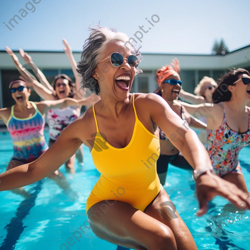 Group of women in a pool practicing synchronized water aerobics - Image 1