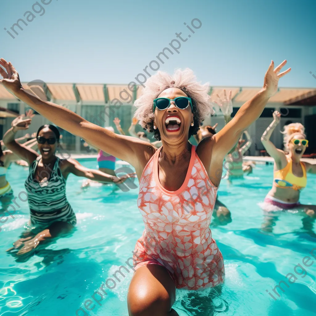 Group of women in a pool practicing synchronized water aerobics - Image 3