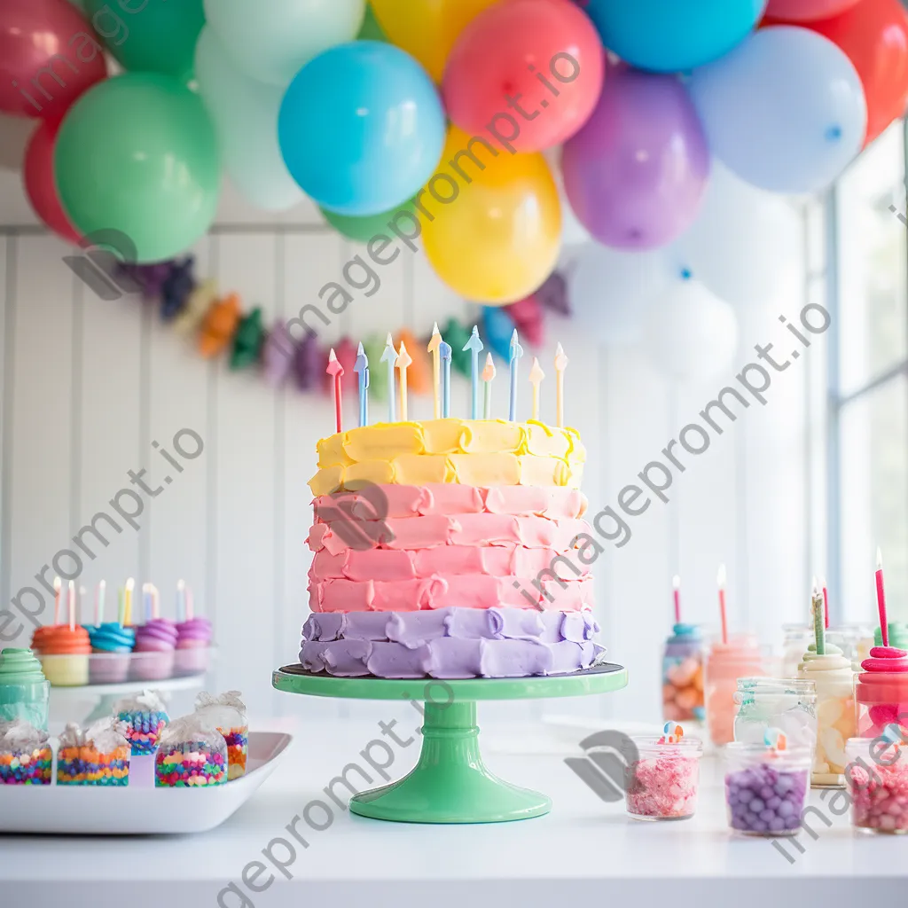 A creative birthday dessert table adorned with colorful balloons and treats. - Image 2