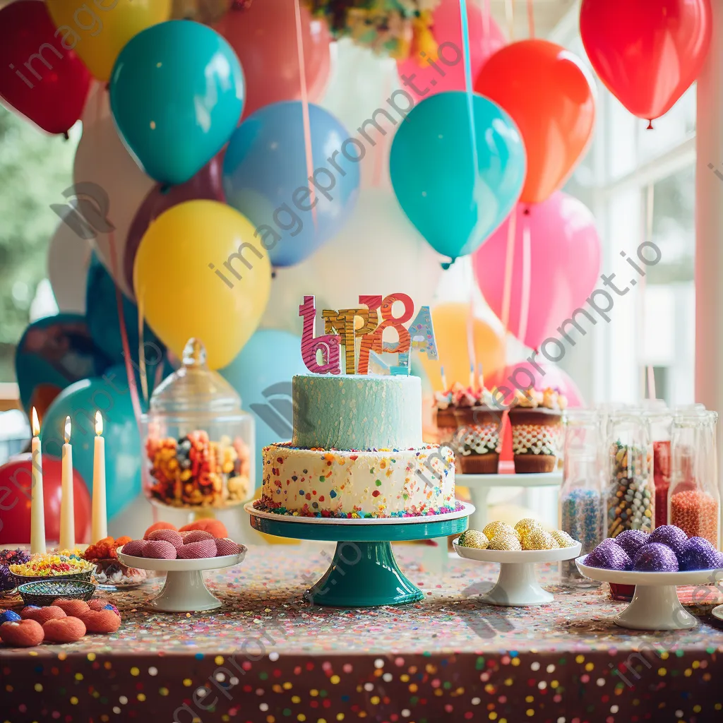 A creative birthday dessert table adorned with colorful balloons and treats. - Image 3