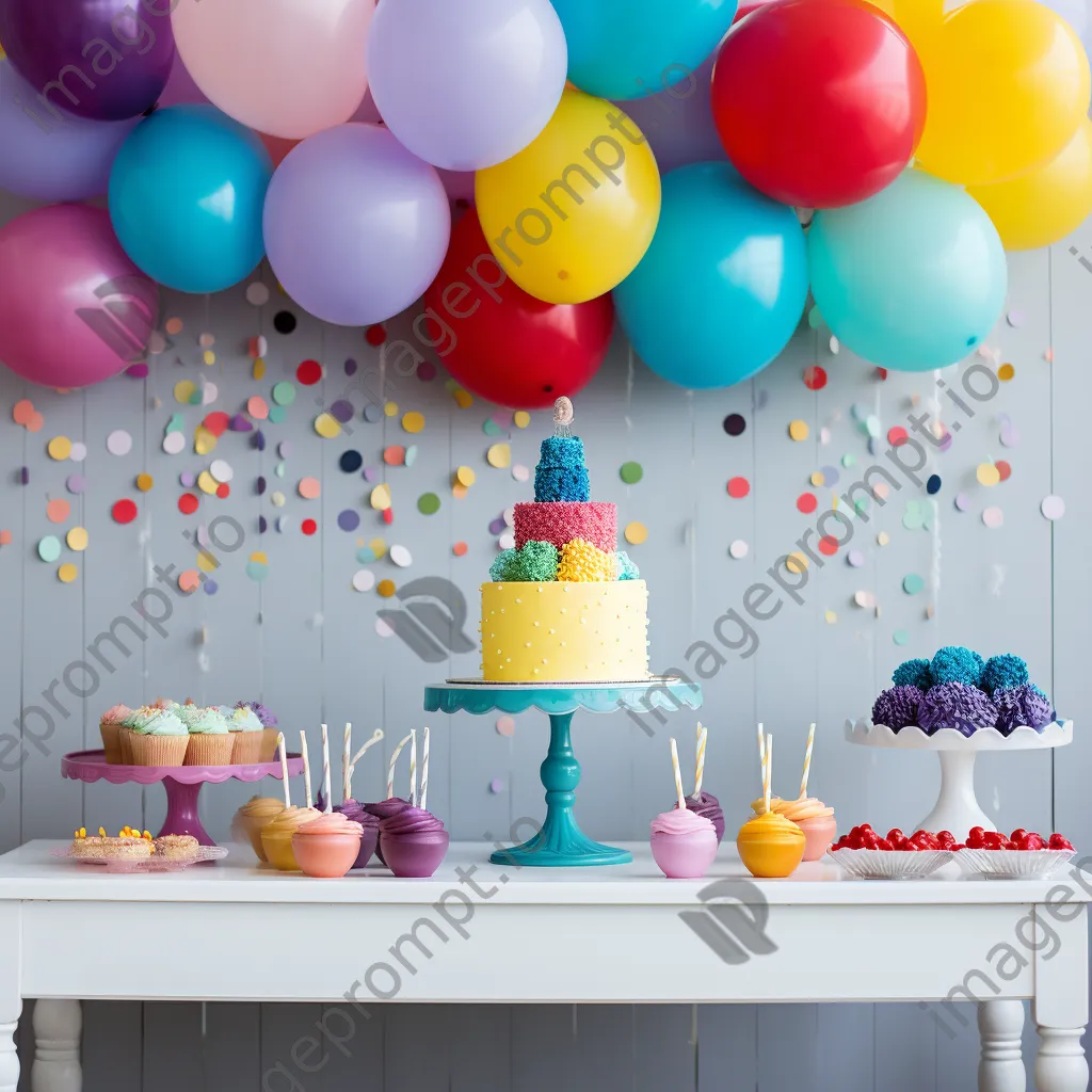 A creative birthday dessert table adorned with colorful balloons and treats. - Image 4