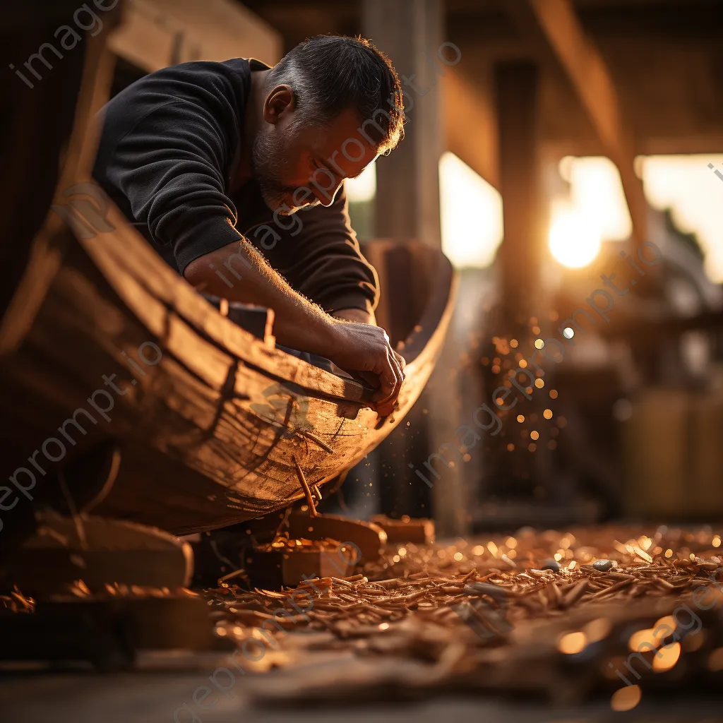 Close-up detail of wooden ribs being fitted in a traditional boat - Image 2