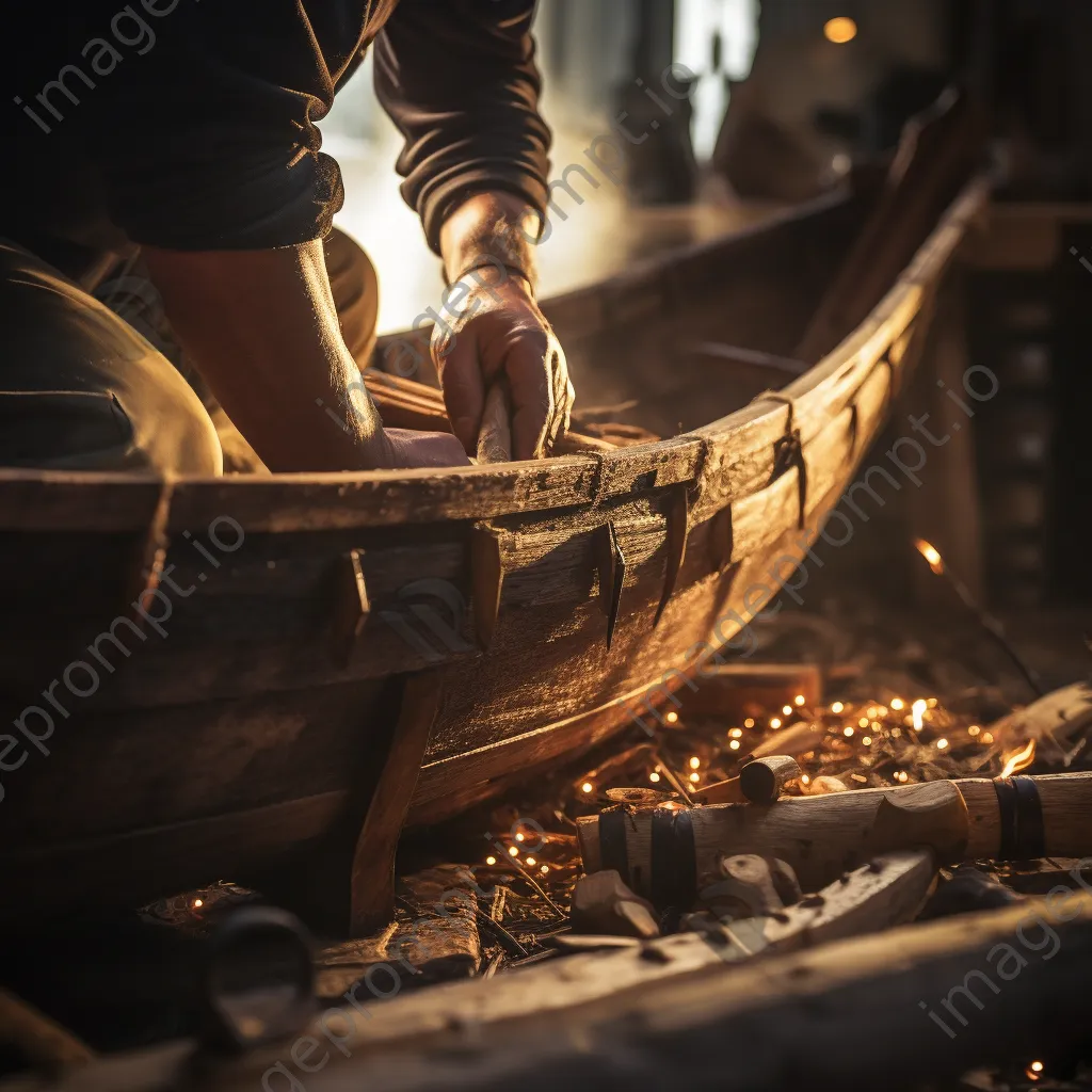 Close-up detail of wooden ribs being fitted in a traditional boat - Image 3