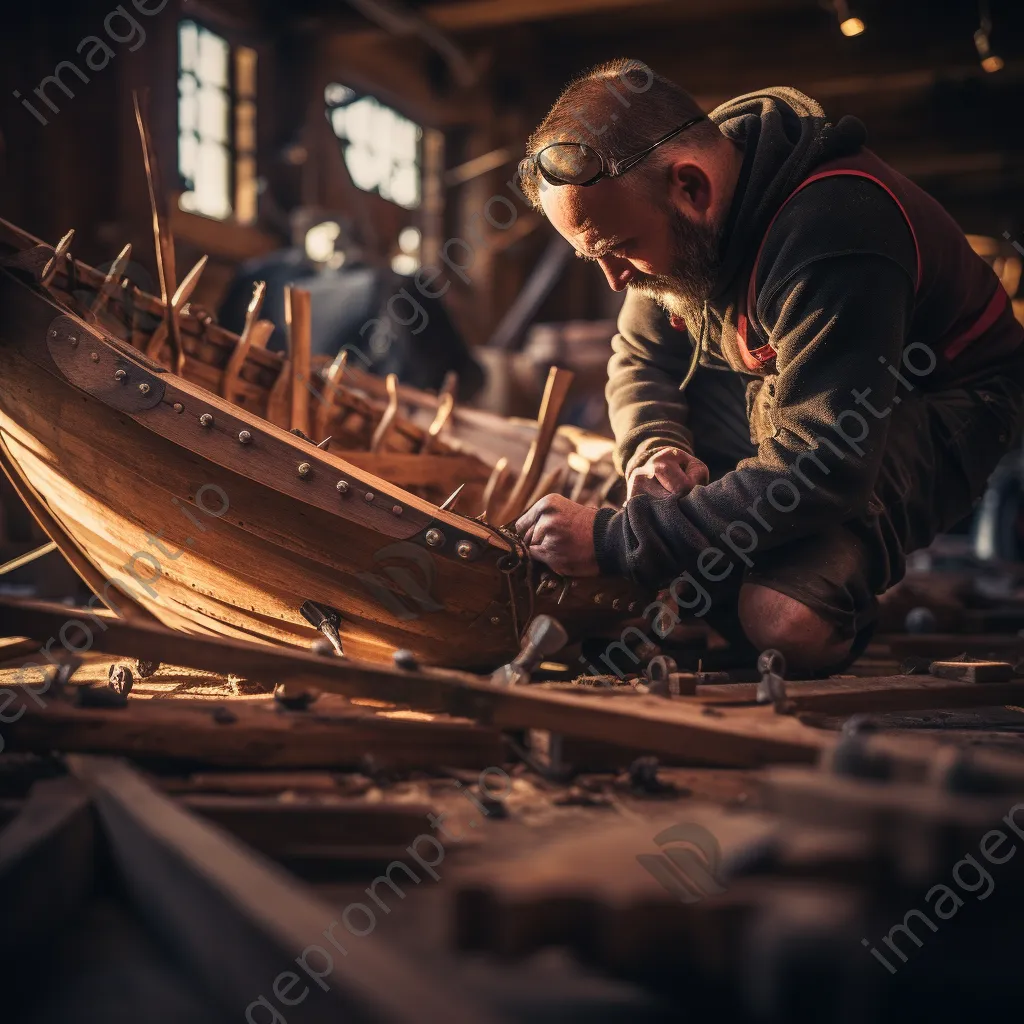 Close-up detail of wooden ribs being fitted in a traditional boat - Image 4