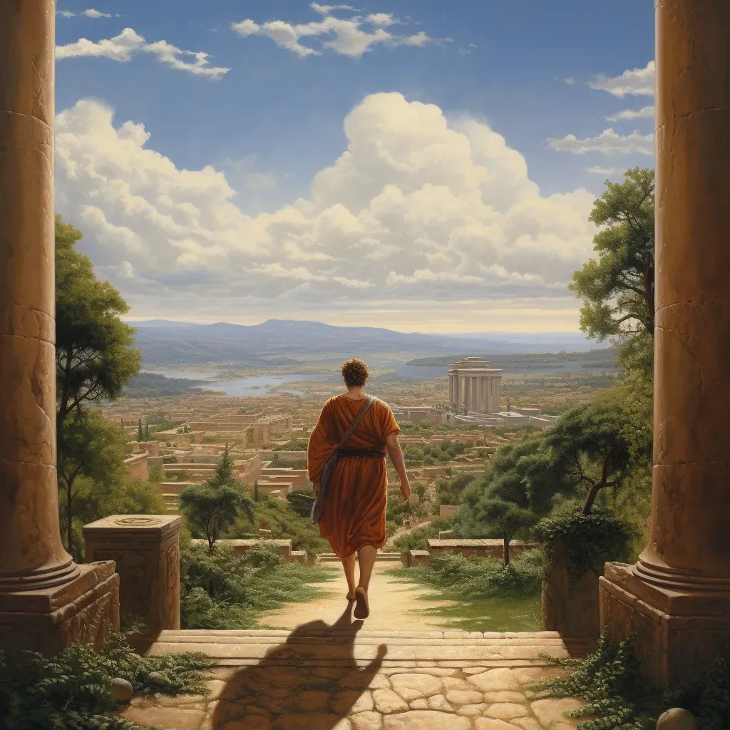 Figure walking on path towards distant radiant city - Image 1