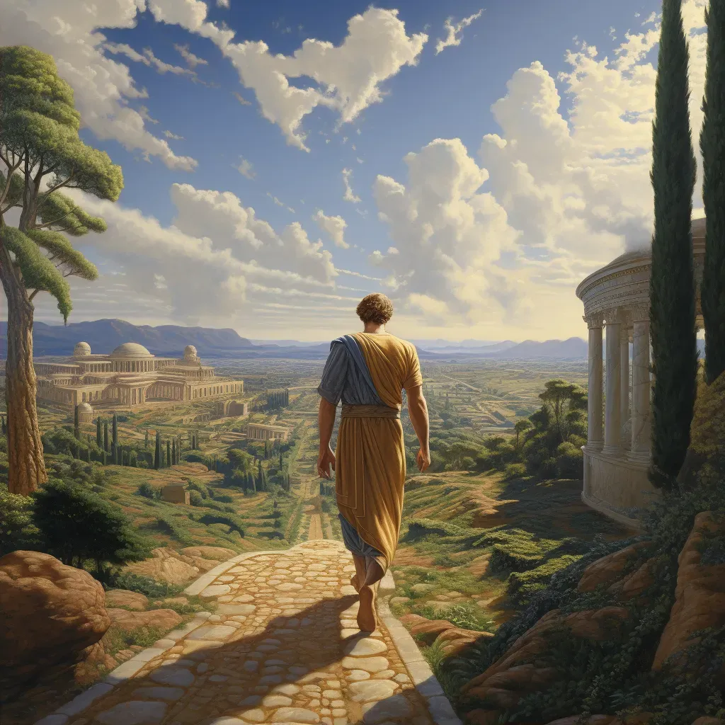 Figure walking on path towards distant radiant city - Image 2