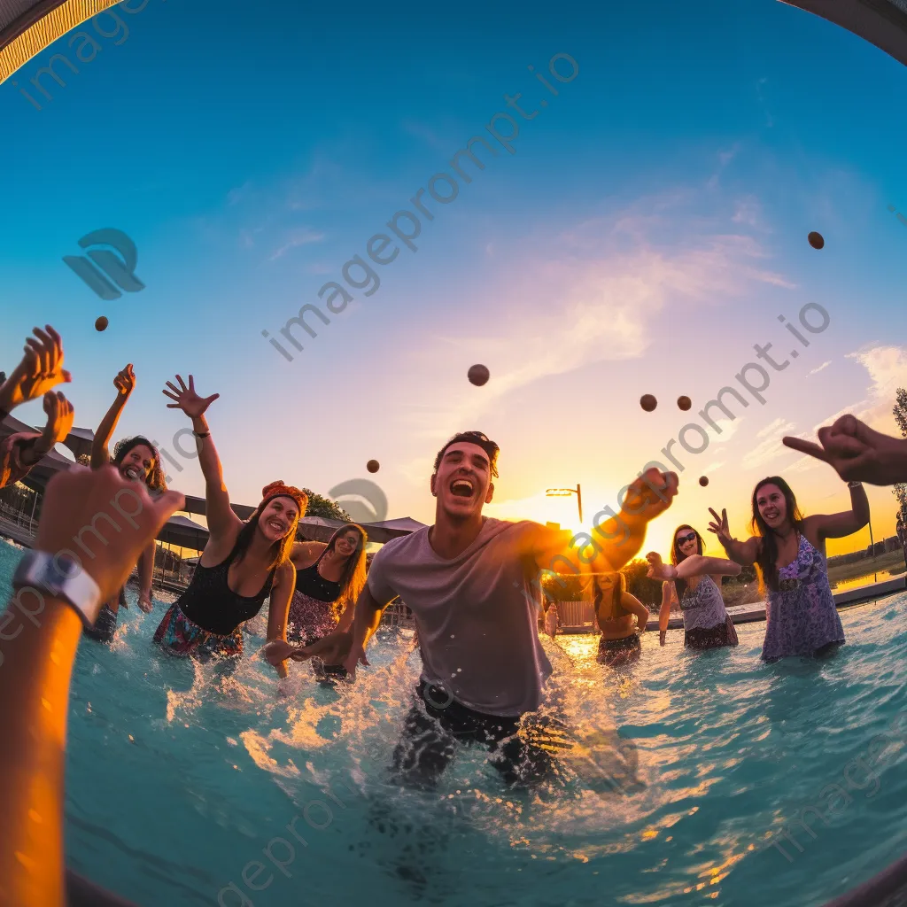 Group of friends playing in a pool during sunset - Image 1