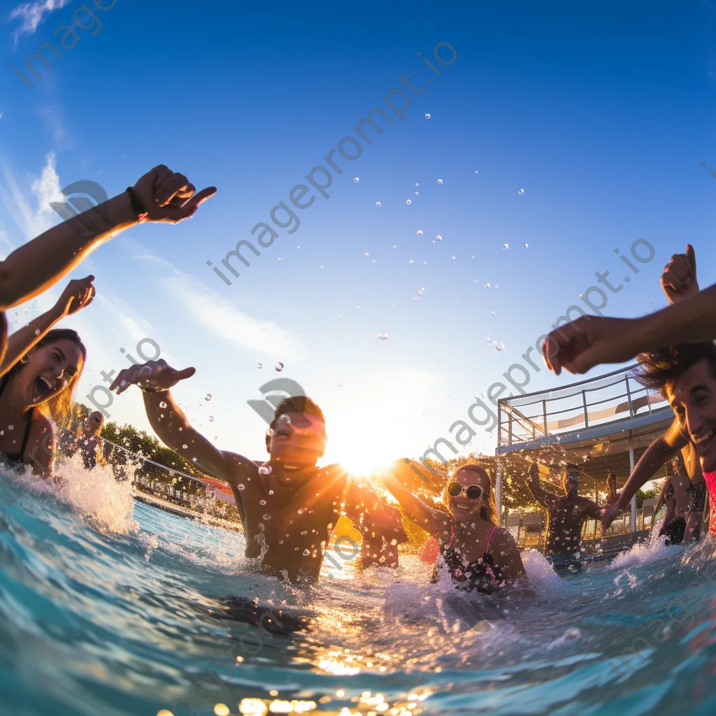 Group of friends playing in a pool during sunset - Image 2