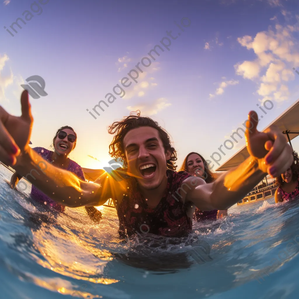 Group of friends playing in a pool during sunset - Image 3