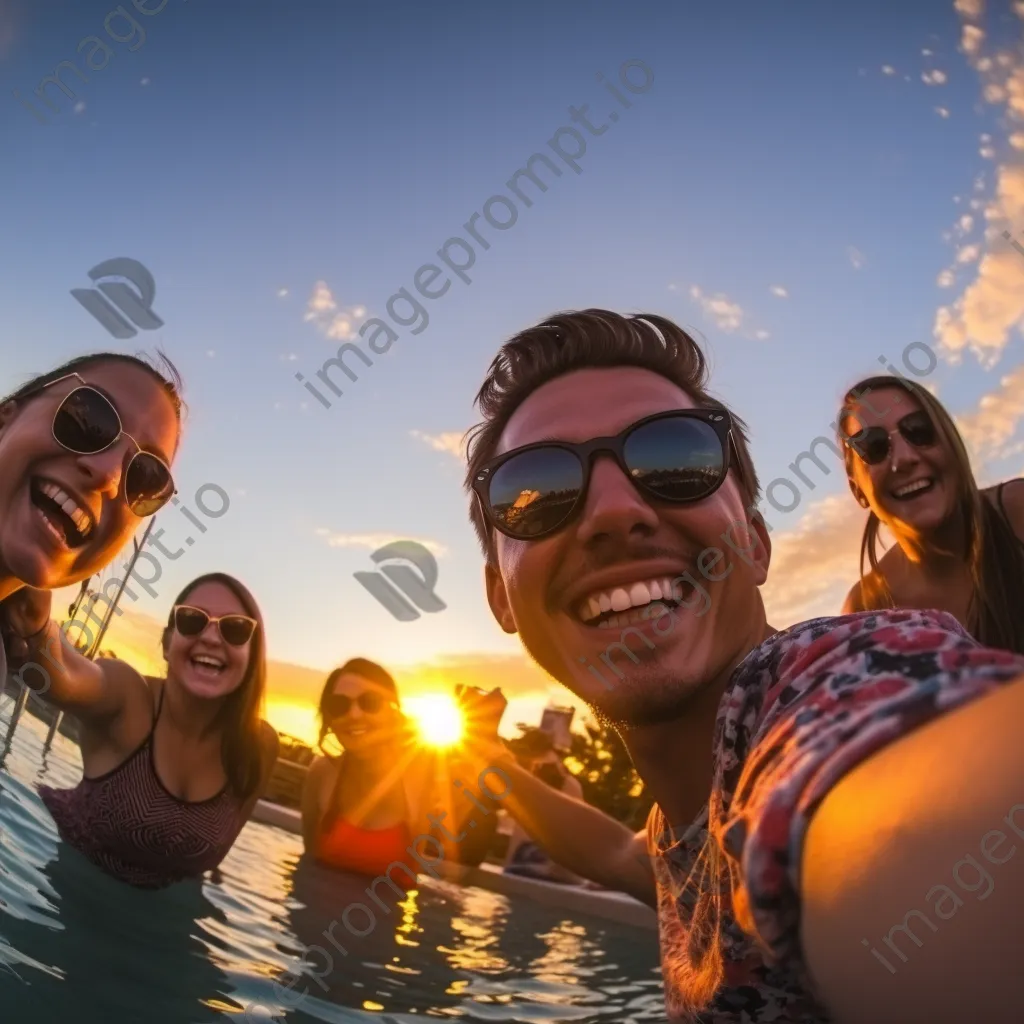 Group of friends playing in a pool during sunset - Image 4