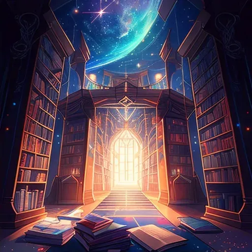 Image of a magical library with books flying off shelves offering portals to different universes - Image 2