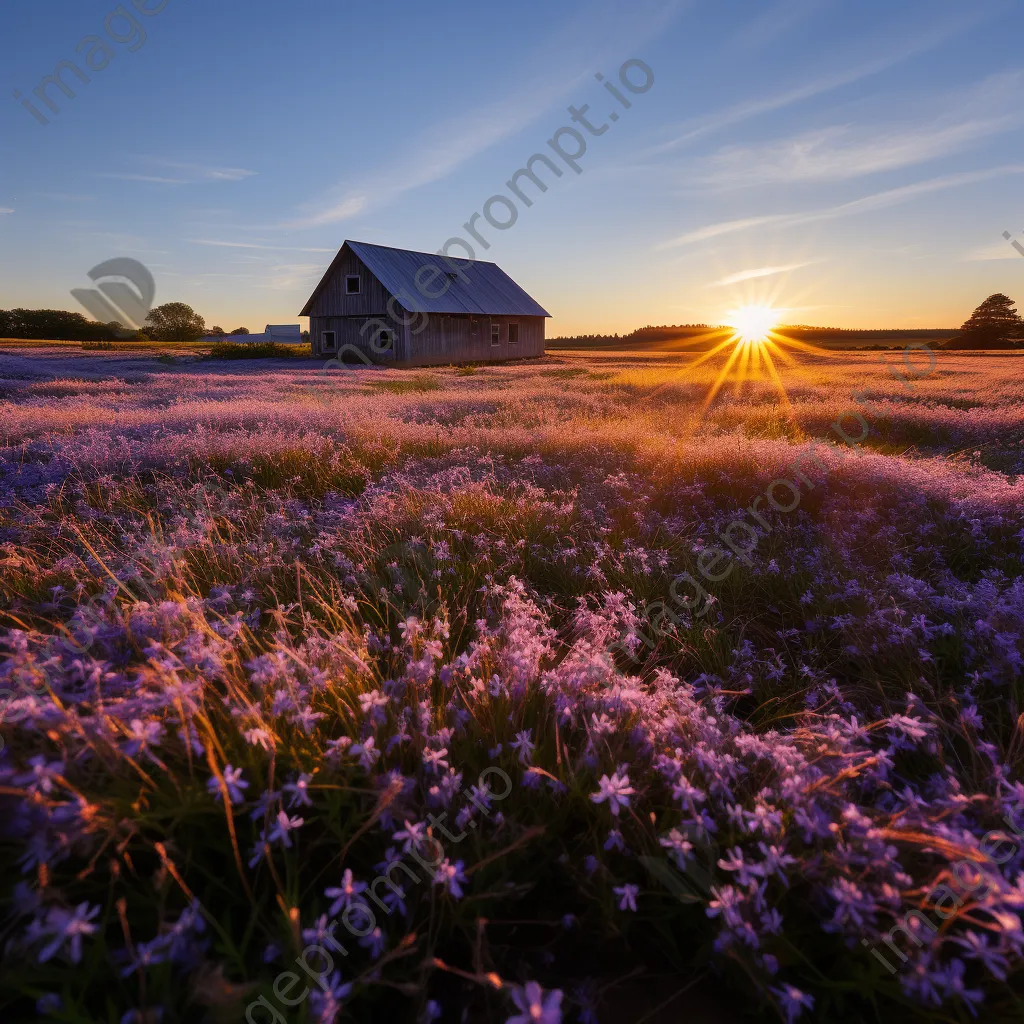 Scenic flax field illuminated by sunset, barn in the background. - Image 1