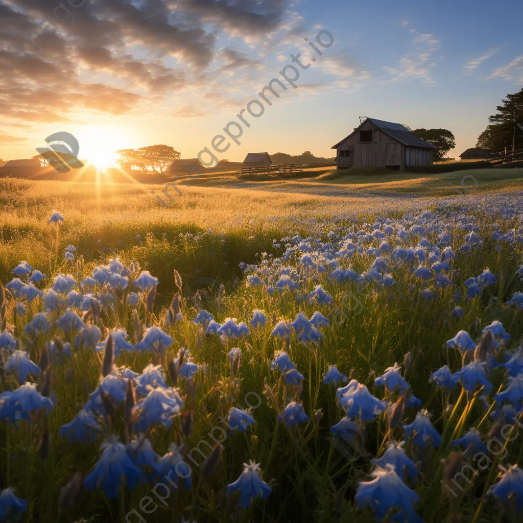 Scenic flax field illuminated by sunset, barn in the background. - Image 2