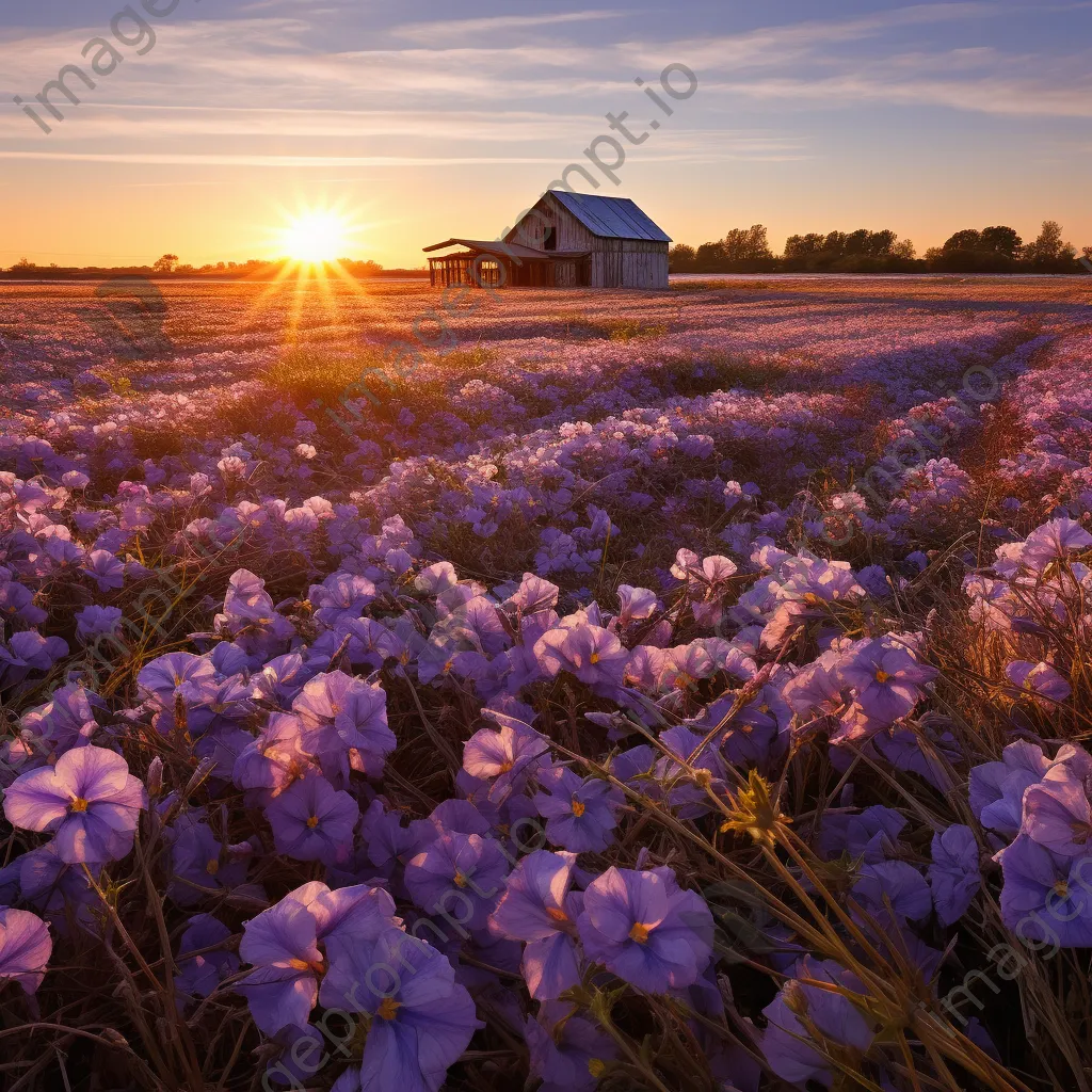 Scenic flax field illuminated by sunset, barn in the background. - Image 3