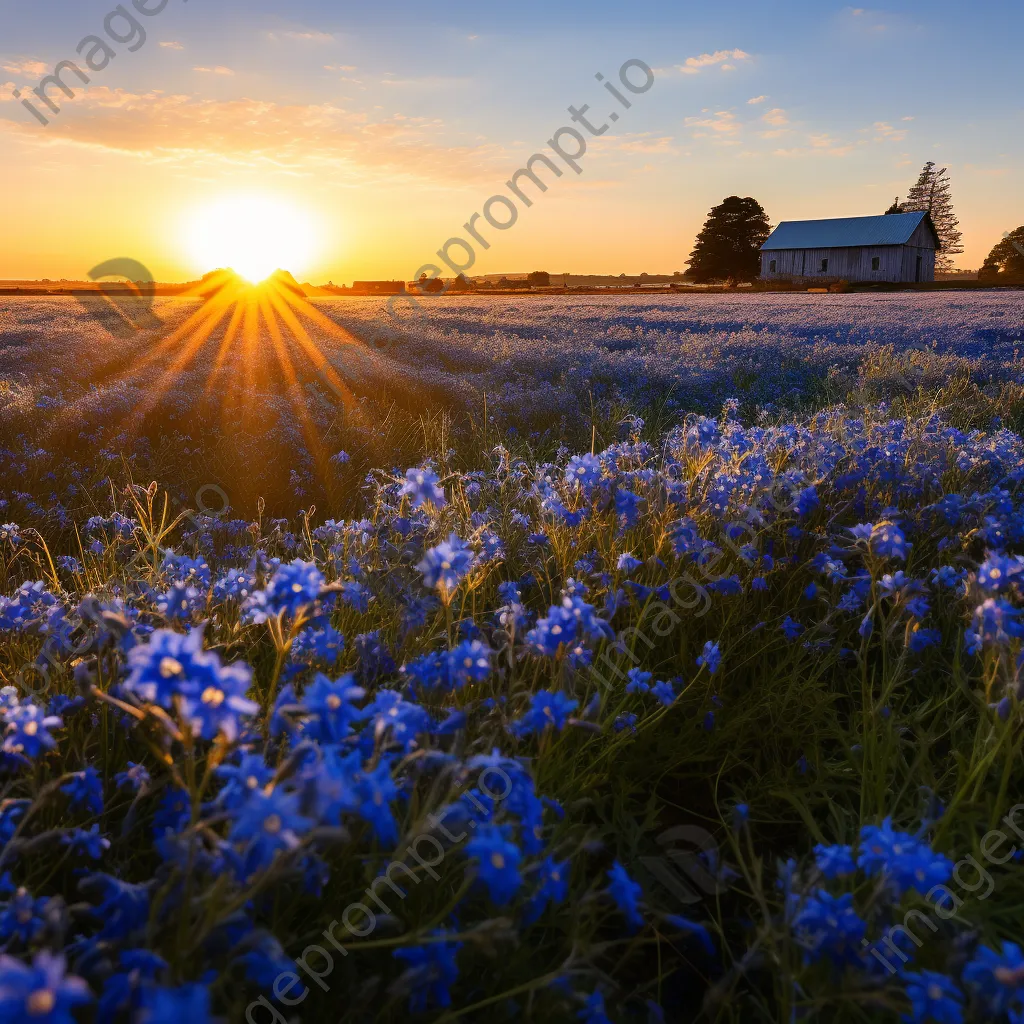 Scenic flax field illuminated by sunset, barn in the background. - Image 4