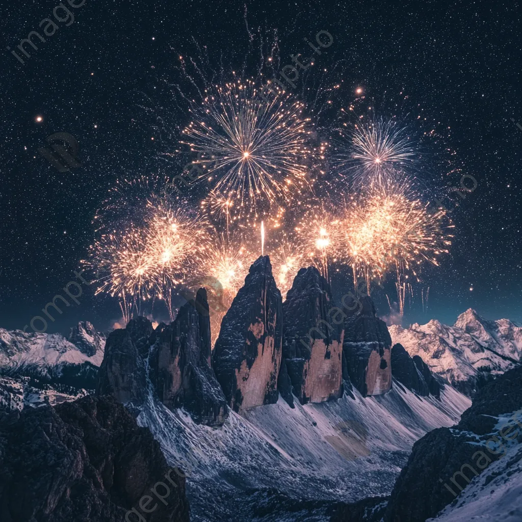 Fireworks lighting up the sky above rugged mountain peaks on New Year