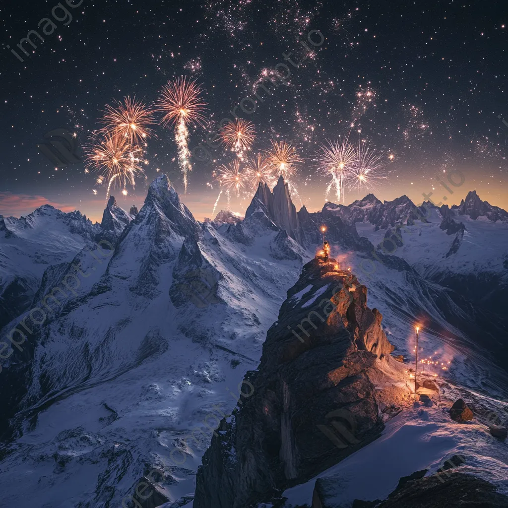 Fireworks lighting up the sky above rugged mountain peaks on New Year