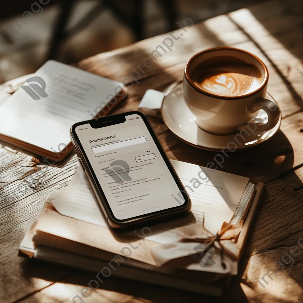 Flat lay of a smartphone with a newsletter signup alert, coffee, and stationery - Image 1