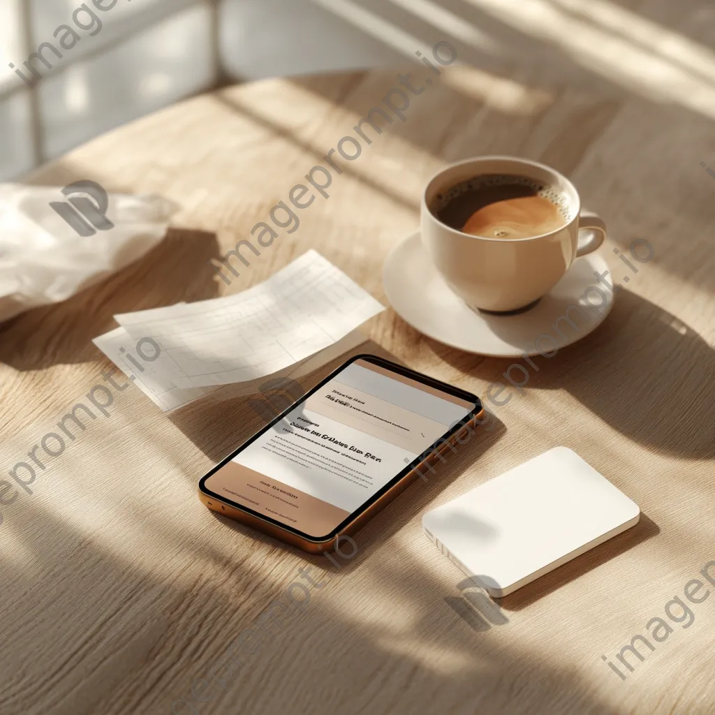 Flat lay of a smartphone with a newsletter signup alert, coffee, and stationery - Image 2