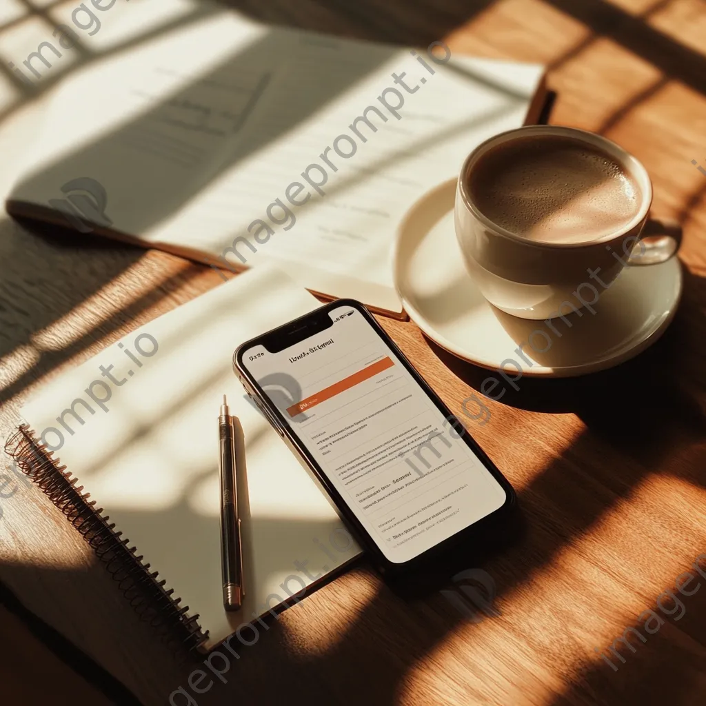 Flat lay of a smartphone with a newsletter signup alert, coffee, and stationery - Image 3