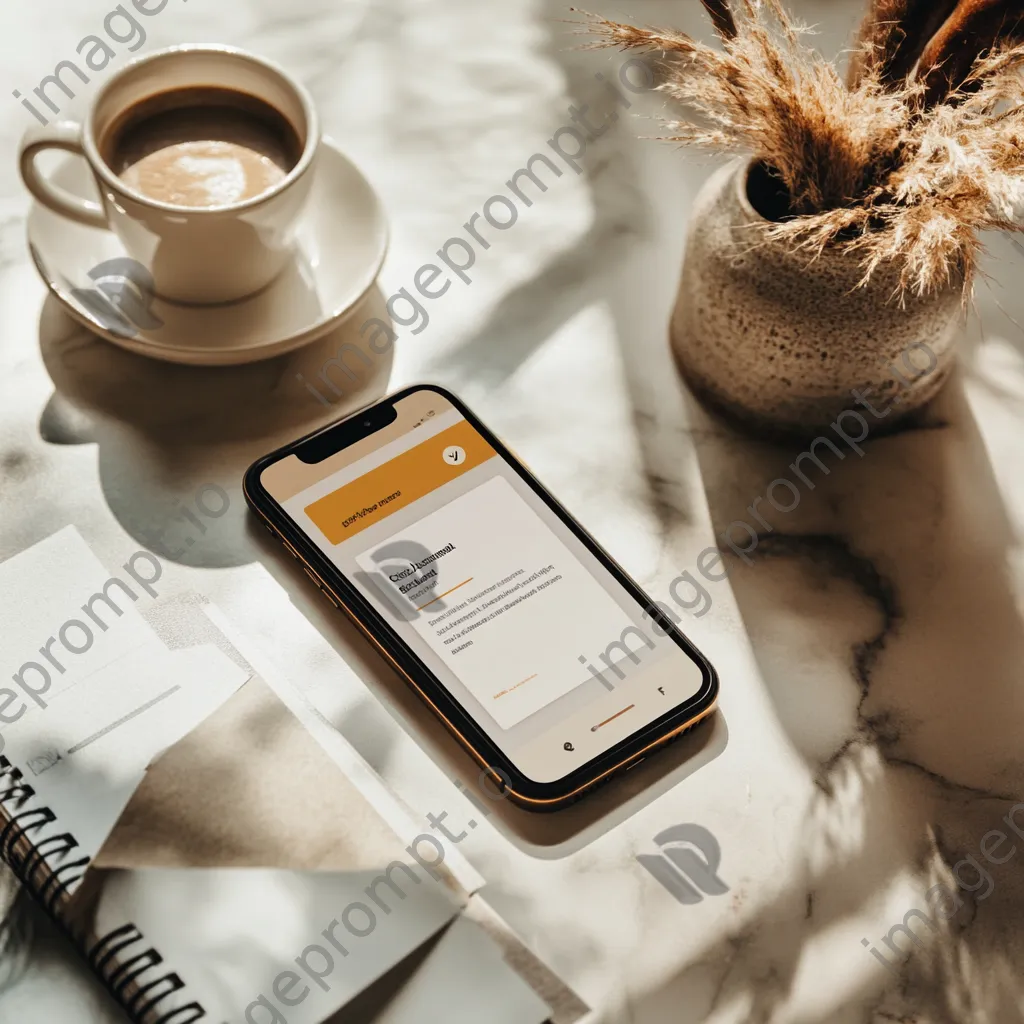 Flat lay of a smartphone with a newsletter signup alert, coffee, and stationery - Image 4