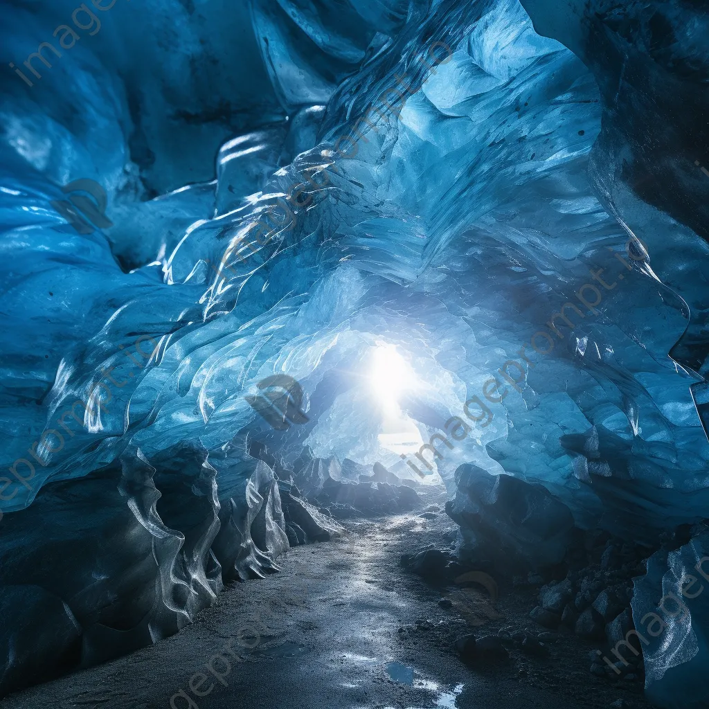 Deep view of an ice cave with cobalt blue ice and intricate textures - Image 1