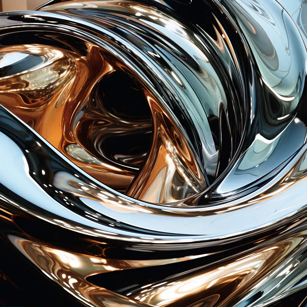 Modern sculpture with sleek metallic surface reflecting distorted abstract forms - Image 1