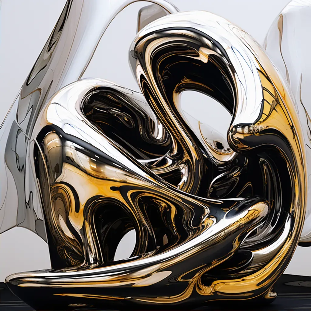 Modern sculpture with sleek metallic surface reflecting distorted abstract forms - Image 2