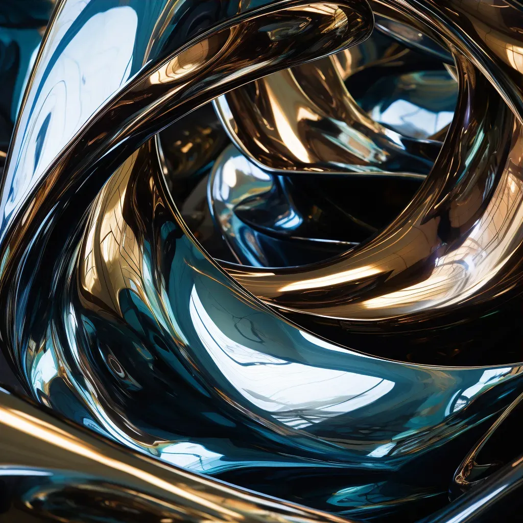 Modern sculpture with sleek metallic surface reflecting distorted abstract forms - Image 3