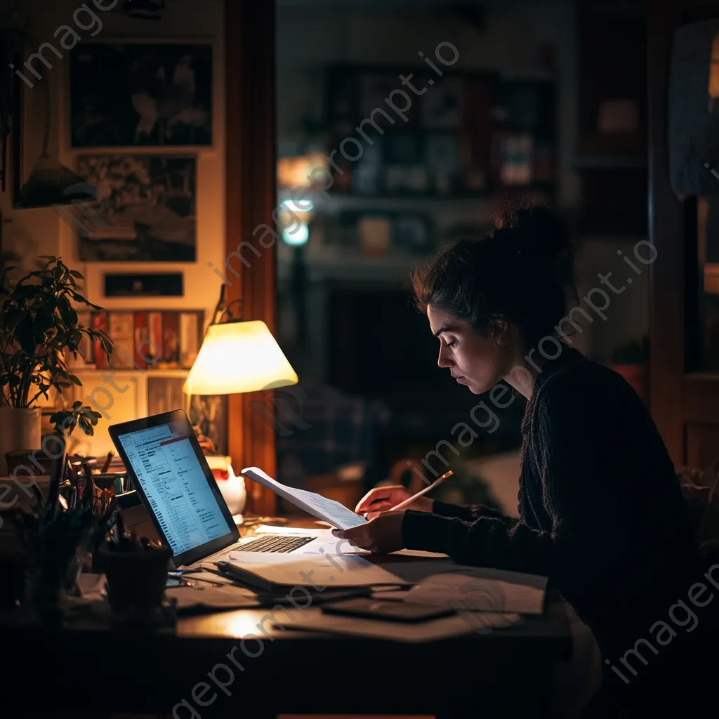 A freelancer working late at night with a laptop and paperwork in a home office. - Image 1