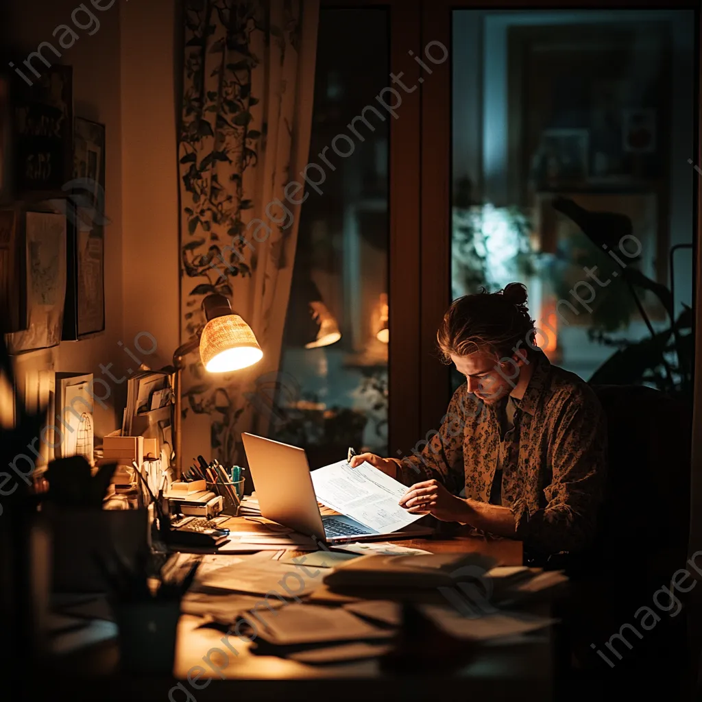 A freelancer working late at night with a laptop and paperwork in a home office. - Image 2