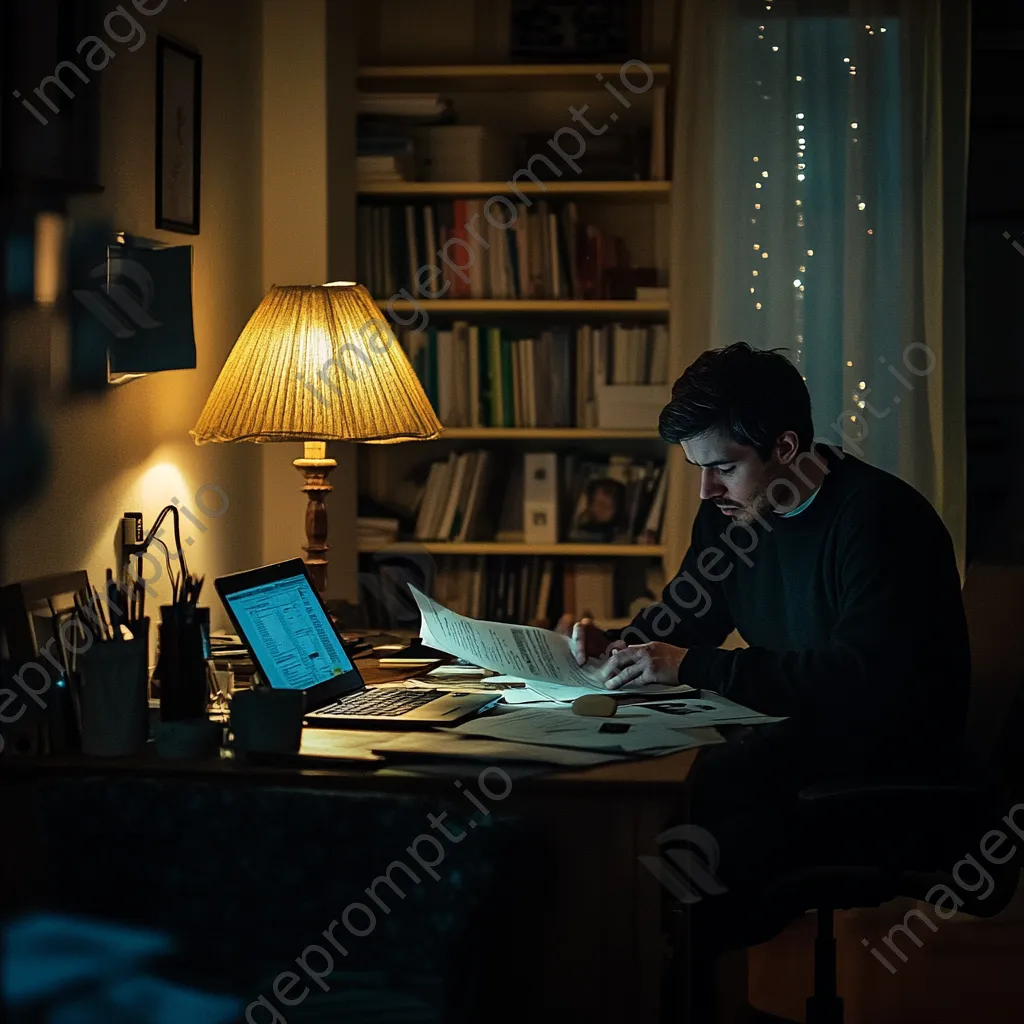 A freelancer working late at night with a laptop and paperwork in a home office. - Image 3