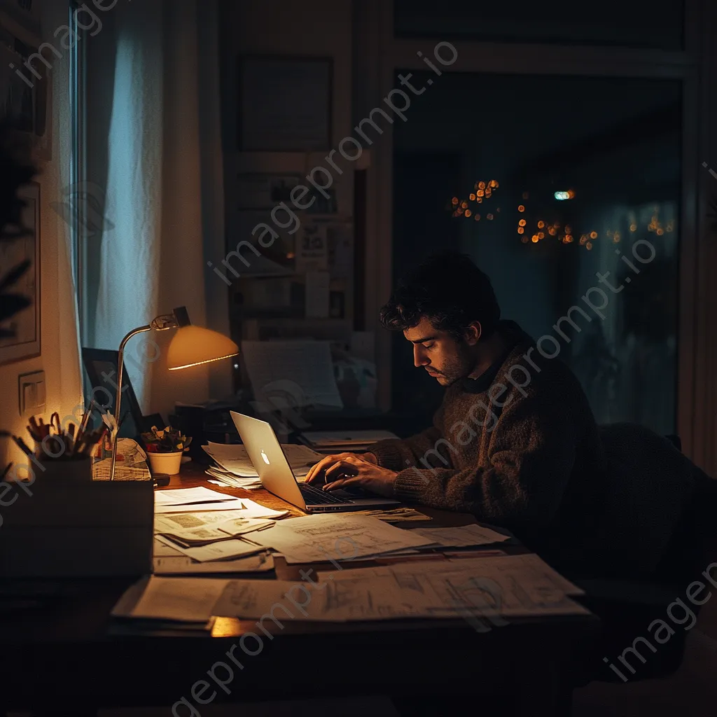 A freelancer working late at night with a laptop and paperwork in a home office. - Image 4