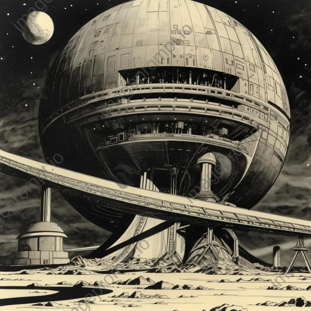 Image of a vintage rocket ship landing on a futuristic moon base with dome structures - Image 1