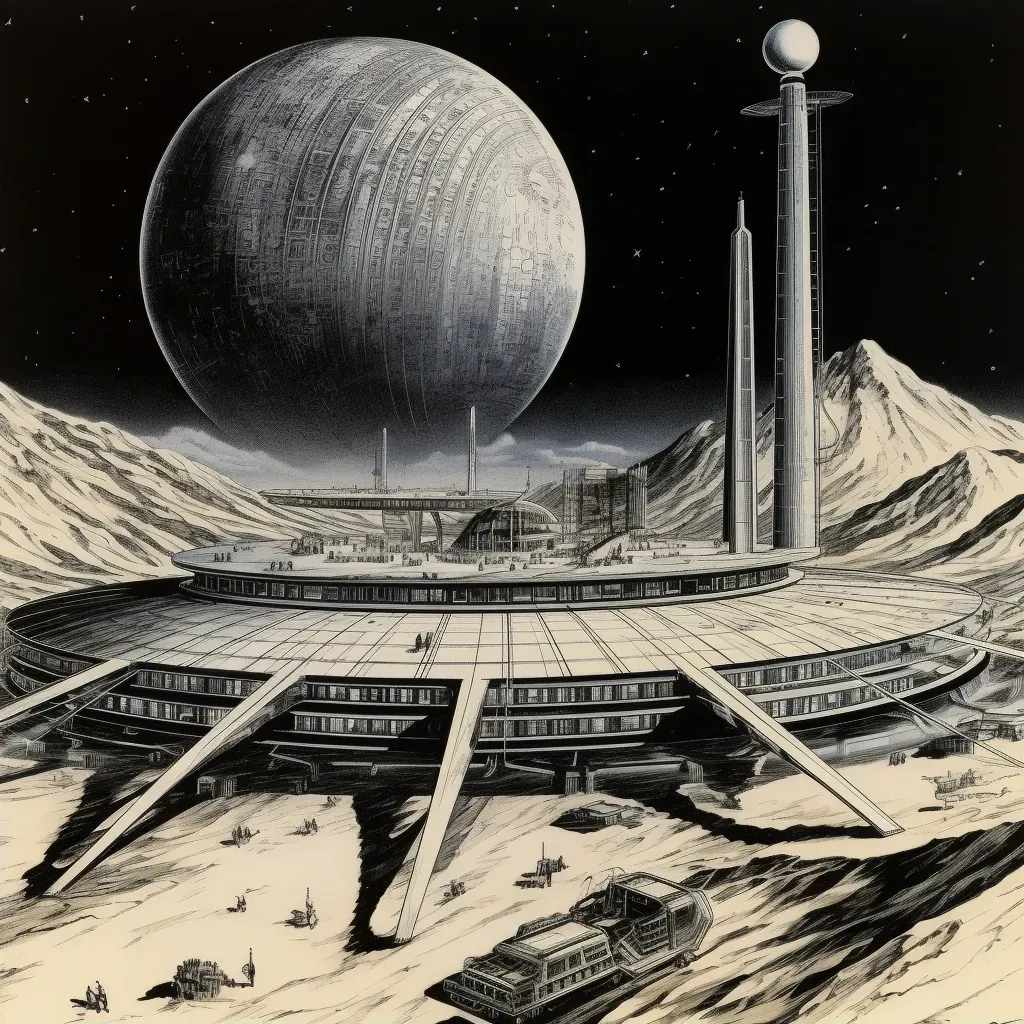 Vintage Rocket Ship Landing on Futuristic Moon Base with Dome Structures