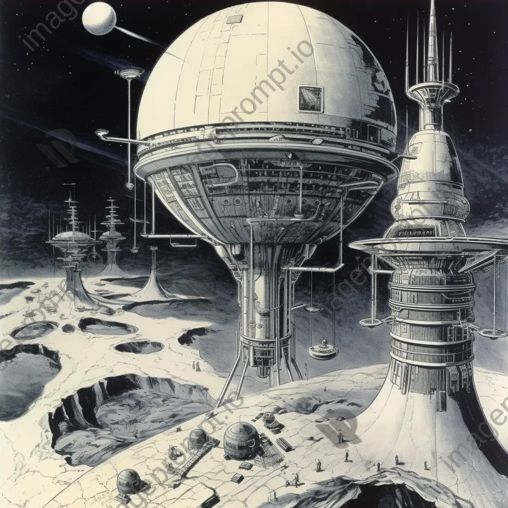 Image of a vintage rocket ship landing on a futuristic moon base with dome structures - Image 4