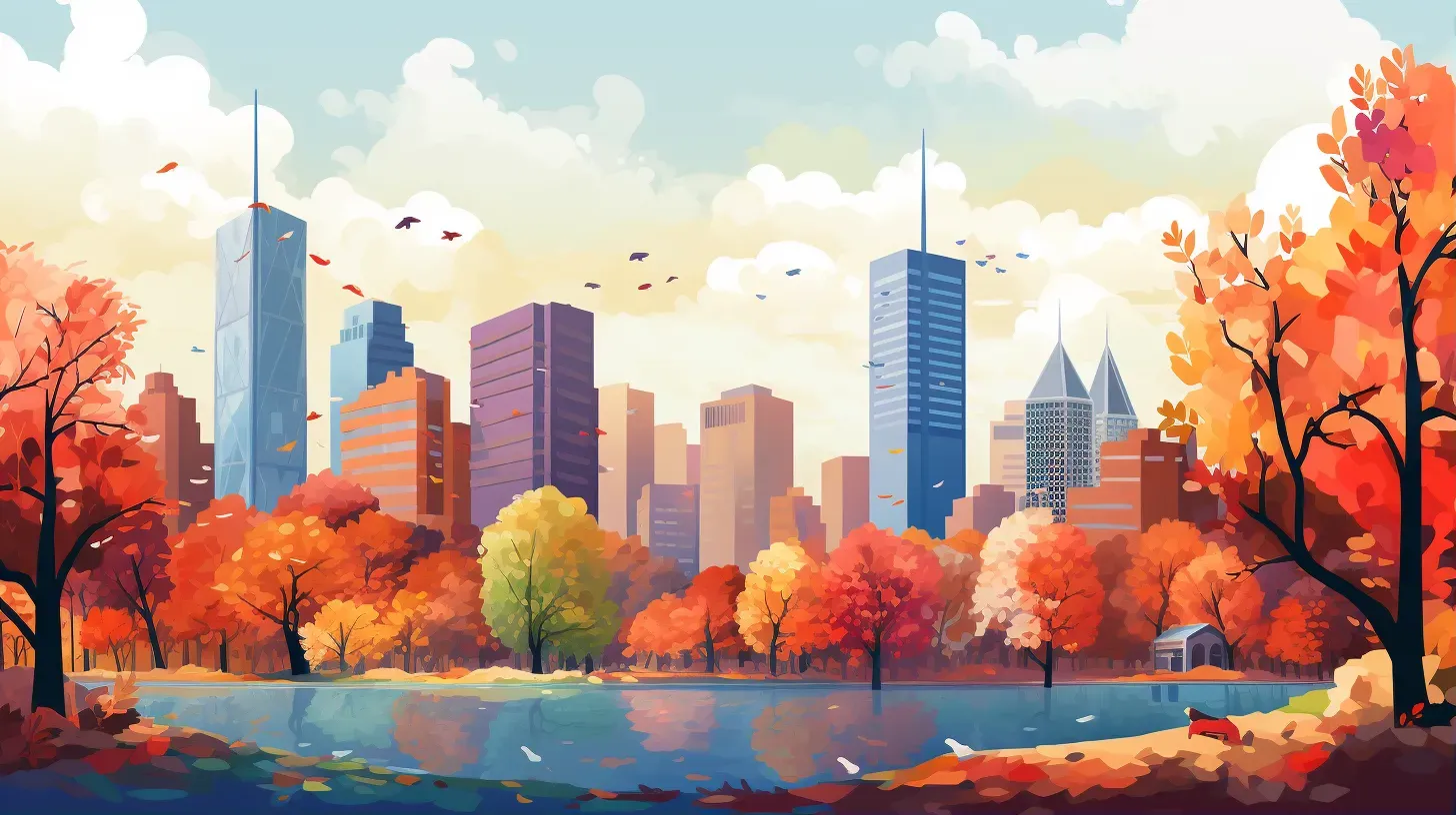 Low poly cityscape viewed from an autumn park, demonstrating minimalist influences - Image 1