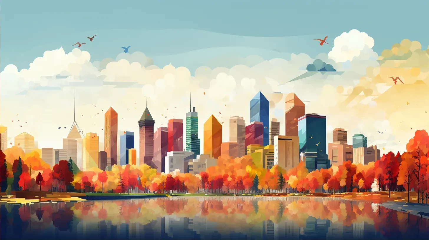 Low poly cityscape viewed from an autumn park, demonstrating minimalist influences - Image 2