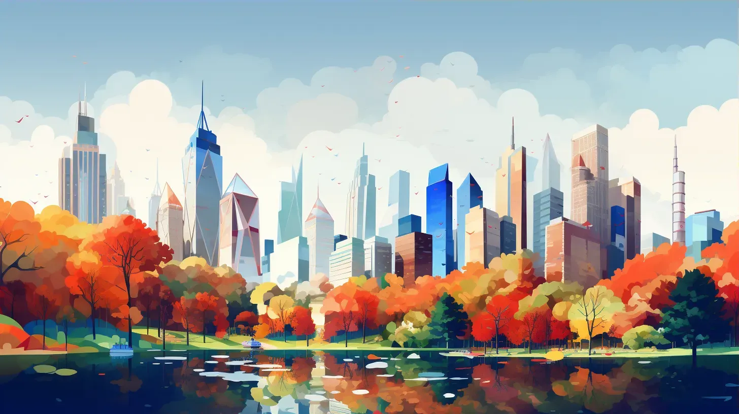 Low poly cityscape viewed from an autumn park, demonstrating minimalist influences - Image 3