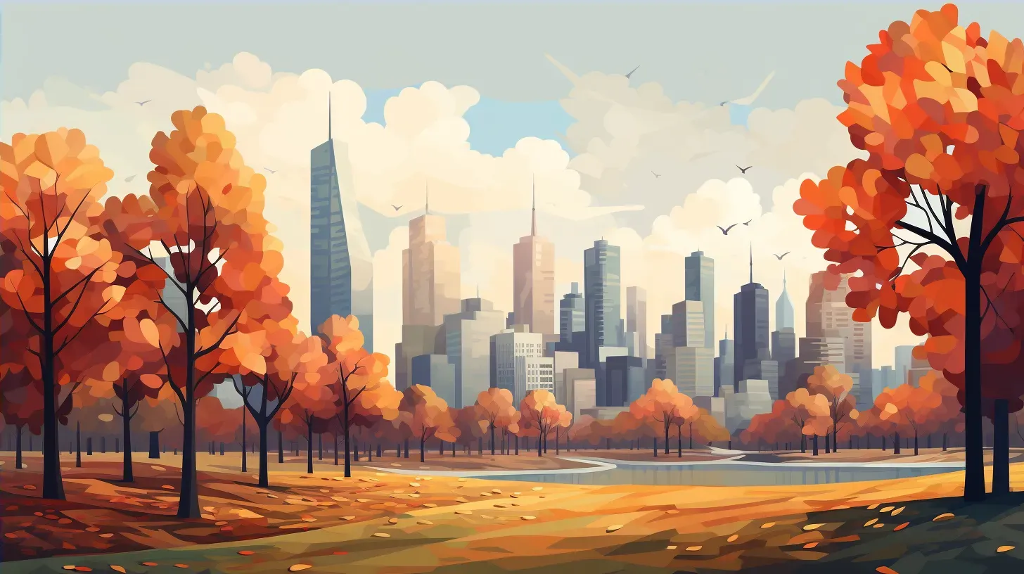 Low poly cityscape viewed from an autumn park, demonstrating minimalist influences - Image 4