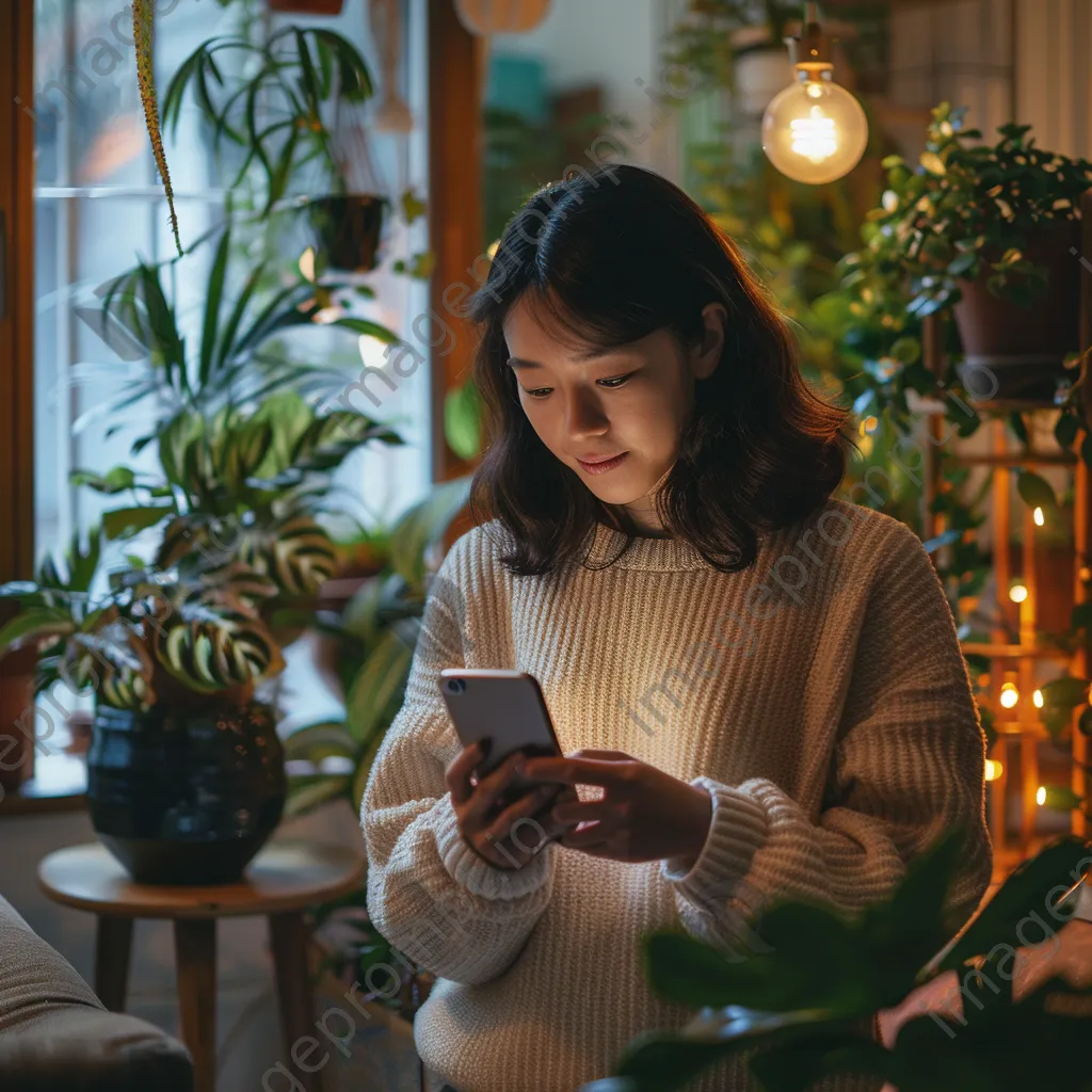 Young woman using smartphone during a virtual doctor appointment in a cozy setting. - Image 3