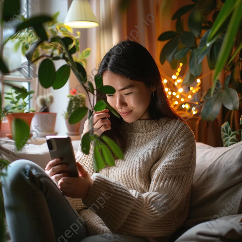 Young woman using smartphone during a virtual doctor appointment in a cozy setting. - Image 4